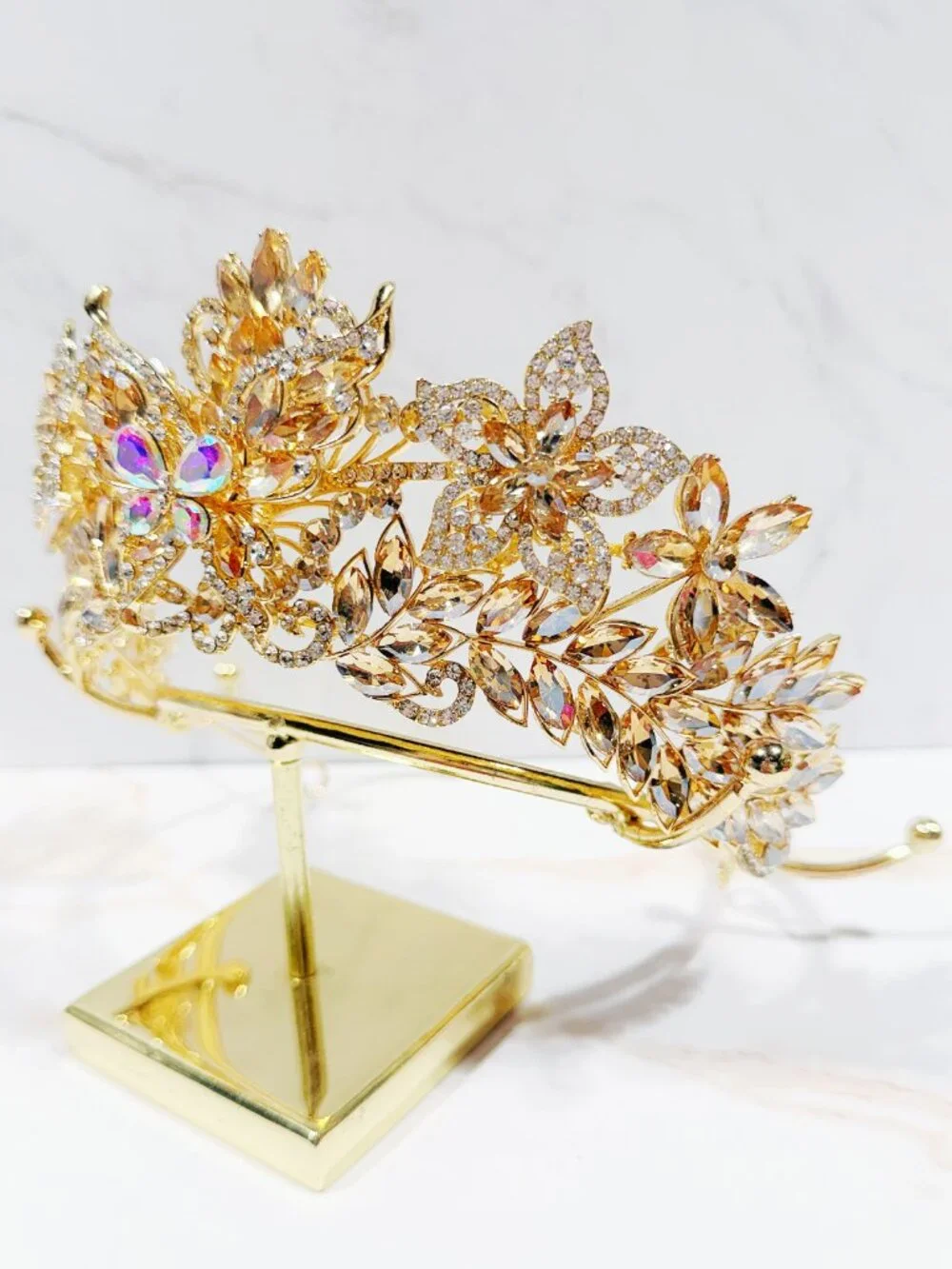 Champagne Crystal Butterfly Tiara Crown Gold Tone Pageant Prom Wedding Headpiece